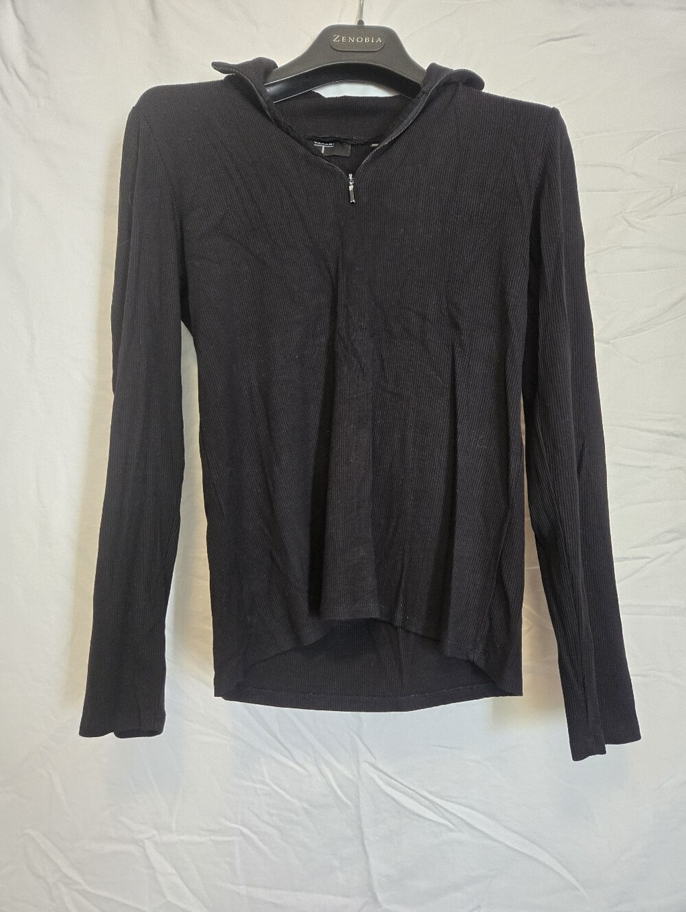 Tahari Black Ribbed Half-Zip Top